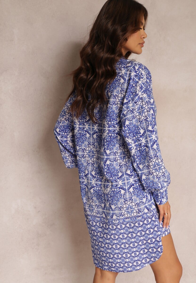 Niebieska Sukienka Mini z Kołnierzykiem i Przedłużanym Tyłem Haranobu