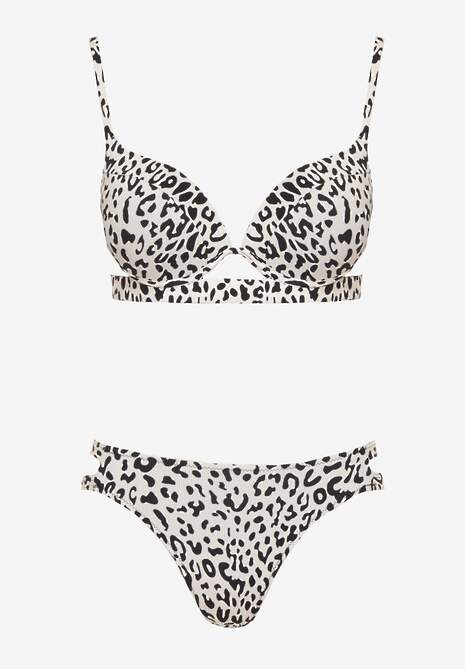 Jasnobeżowe Bikini w Panterkowy Wzór Biustonosz i Majtki Figi Zdobione Wycięciami Savrienne