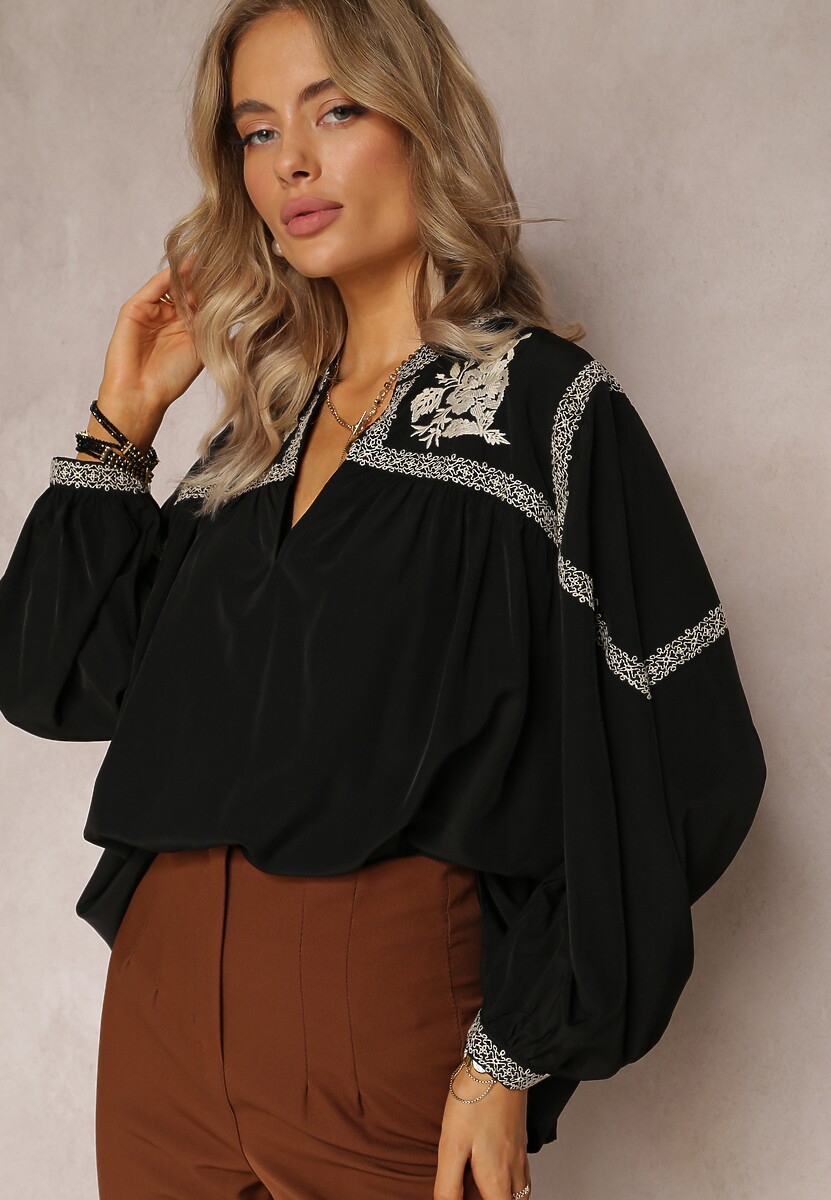 Pomarańczowa Bluzka z Bufiastym Rękawem i Kwiatowym Haftem Oluze