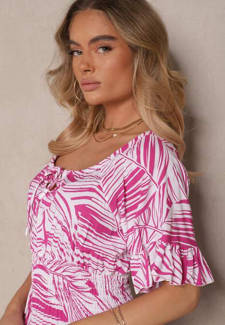 Różowa Sukienka z Bawełny o Rozkloszowanym Kroju z Motywem Liści Aluielle