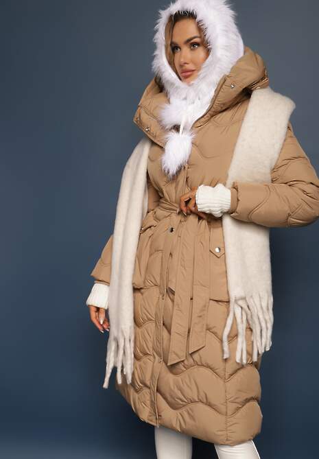 Ciemnobeżowa Kurtka Pikowana z Paskiem Begetir