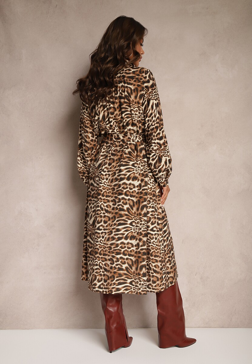 Brązowa Sukienka Typu Szmizjerka z Wiskozą z Wiązanym Paskiem w Panterkowy Wzór Raidra