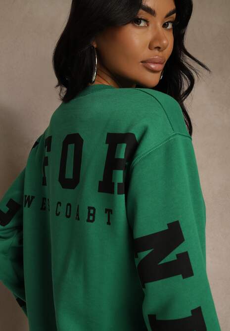 Zielona Bluza Ocieplana z Bawełną Ozdobiona Napisem Fezurra