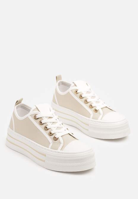 Beżowe Trampki na Niskiej Platformie Ozdobione Cyrkoniami Felelith