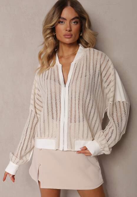 Jasnobeżowa Bawełniana Kurtka Bomberka o Ażurowym Wykończeniu Dimonias