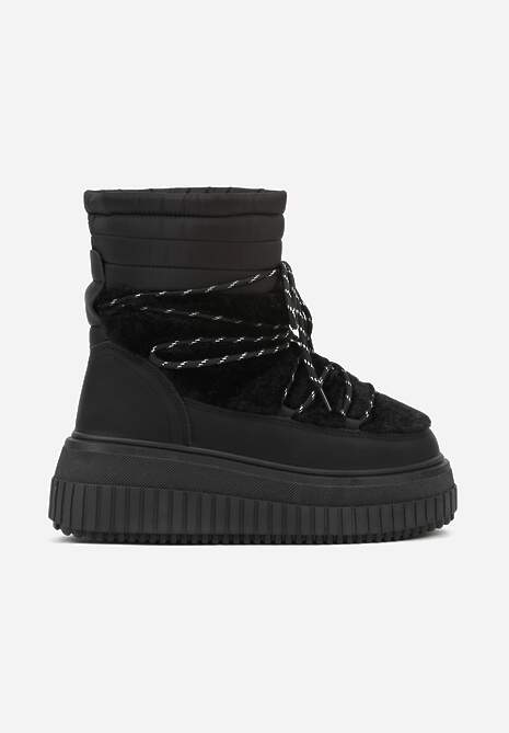 Czarne Śniegowce na Platformie z Tłoczeniem Ozdobione Futerkiem i Pikowaniem Adallie