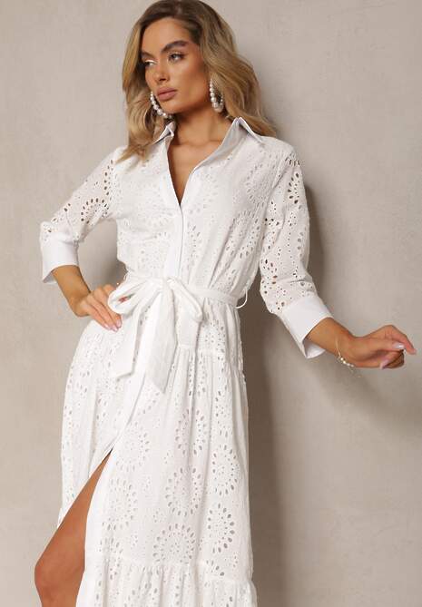 Biała Ażurowa Sukienka Koszulowa z Bawełnianej Tkaniny Felicema