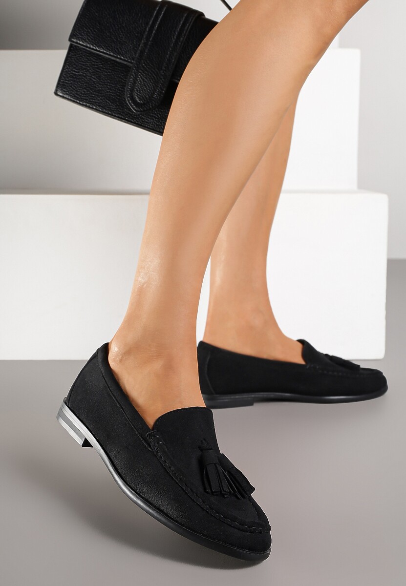 Ciemnobeżowe Mokasyny z Imitacji Zamszu z Aplikacją z Frędzlami Nalonissa