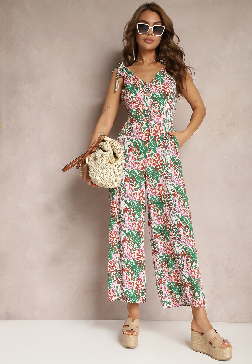 Zielony Długi Kombinezon z Wiązanymi Ramiączkami Ozdobiony Mozaikowym Wzorem Jarnsaxa