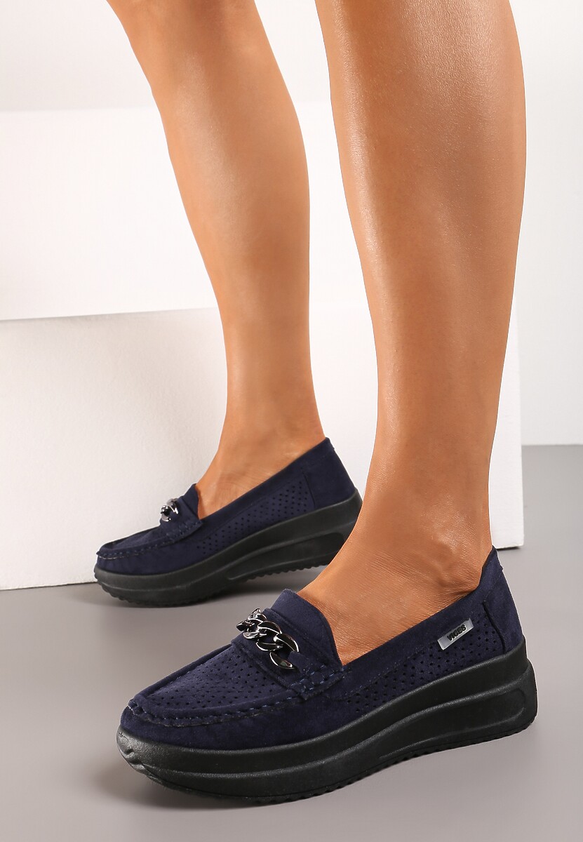 Granatowe Mokasyny na Platformie z Łańcuszkiem Himenna