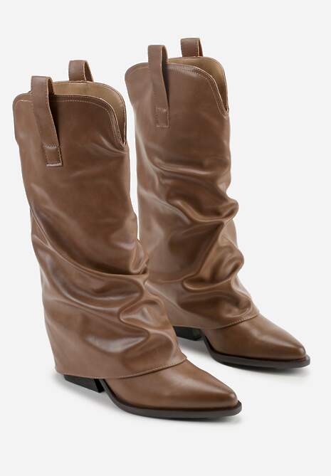 Brązowe Kozaki Kowbojki na Stożku z Wywiniętą Marszczoną Cholewką Escana
