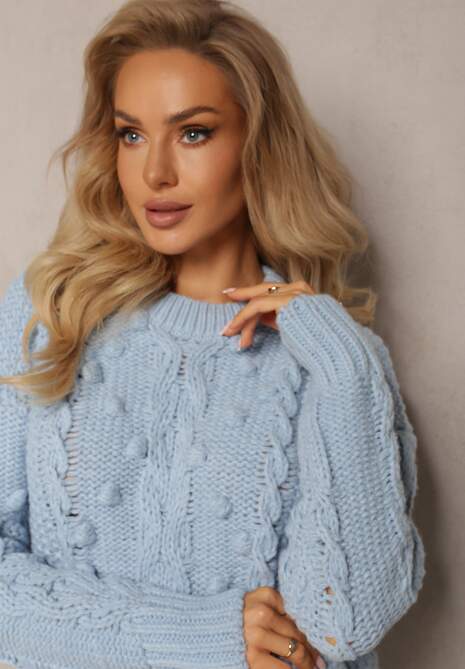 Niebieski Grubo Pleciony Sweter z Wełną i Bawełną Bavime