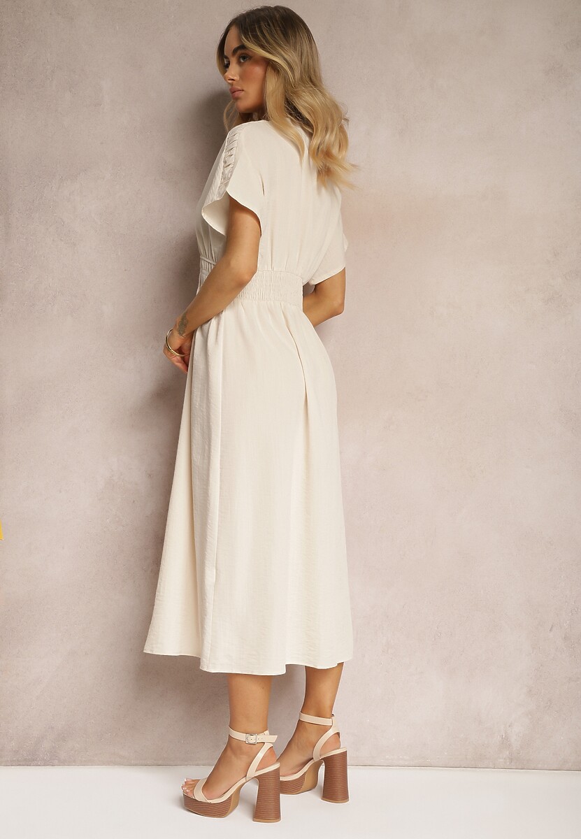 Beżowa Sukienka z Wiskozą o Rozkloszowanym Koszulowym Kroju na Guziki z Gumką w Talii Fuvlea