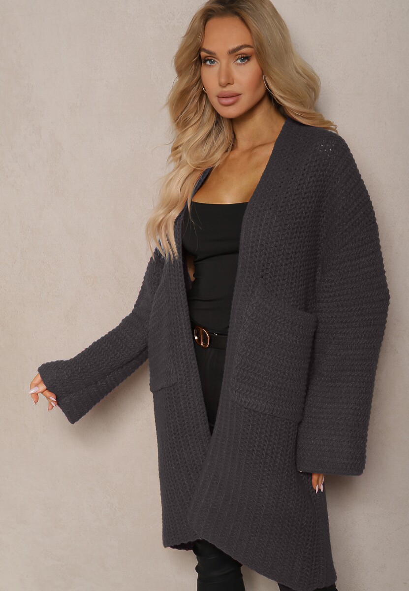 Ciemnoszary Kardigan Bez Zapięć Zdobiony Luźnym Splotem i Wsuwanymi Kieszeniami Calineth