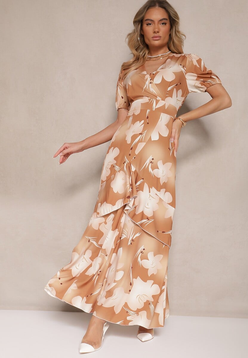 Jasnobrązowa Kopertowa Sukienka z Kwiatowym Wzorem i Falbanką Tdivona