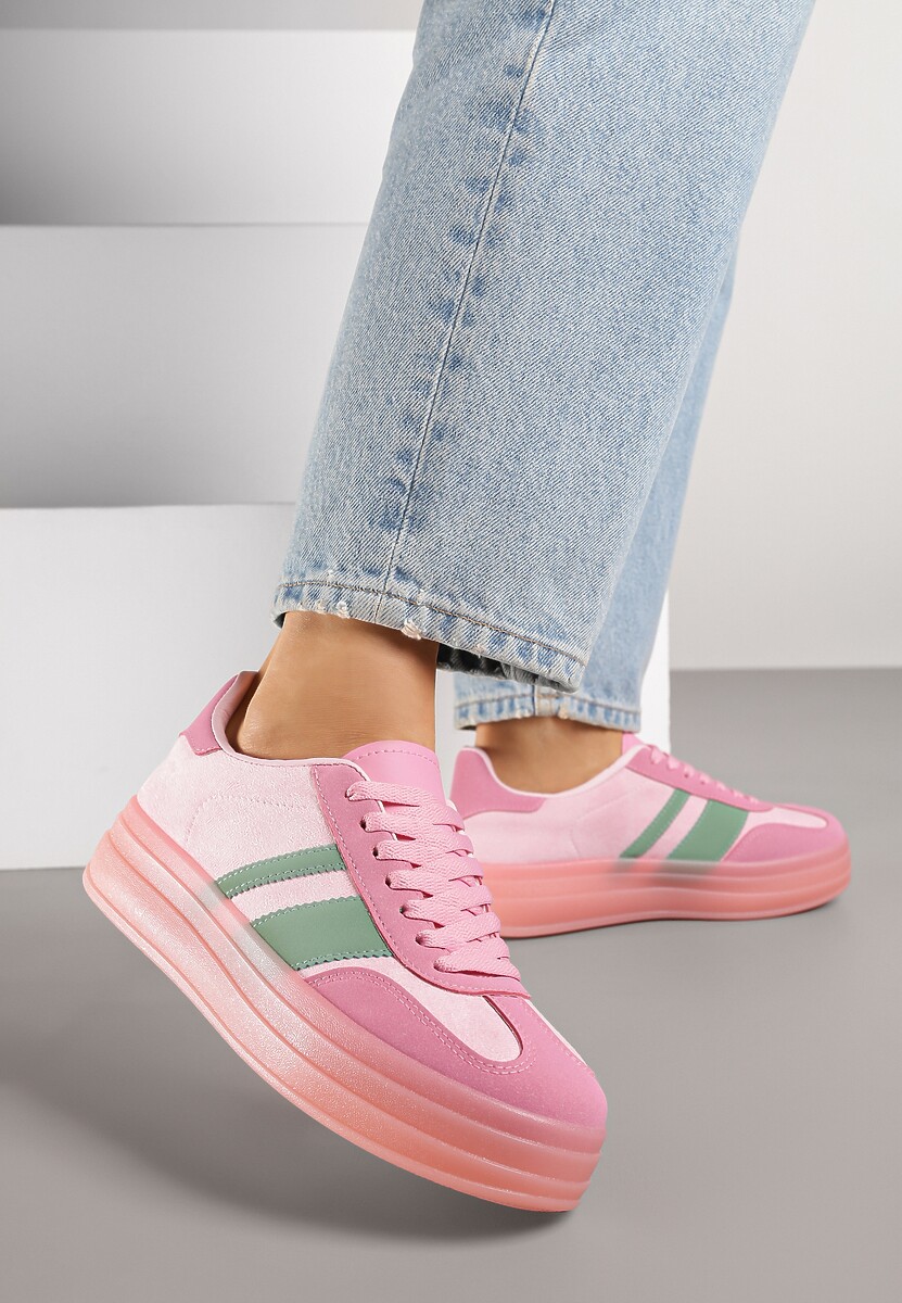 Zielono-Różowe Sneakersy w Stylu Tenisówek z Geometrycznym Wzorem Melundea