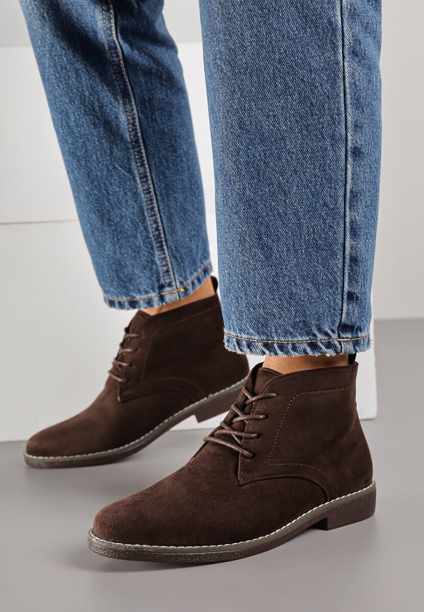 Brązowe Botki Vices o Klasycznym Fasonie Trzewików z Imitacji Zamszu Ativitta