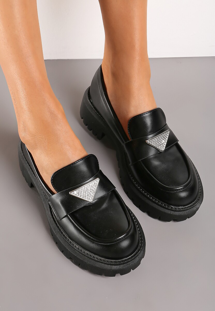 Czarne Mokasyny z Ekoskóry na Grubej Podeszwie z Klamrą z Cyrkoniami Azzelia