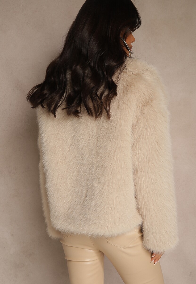 Beżowa Kurtka Futerko o Pudełkowym Kroju z Jednorzędowym Zapięciem Tiliana