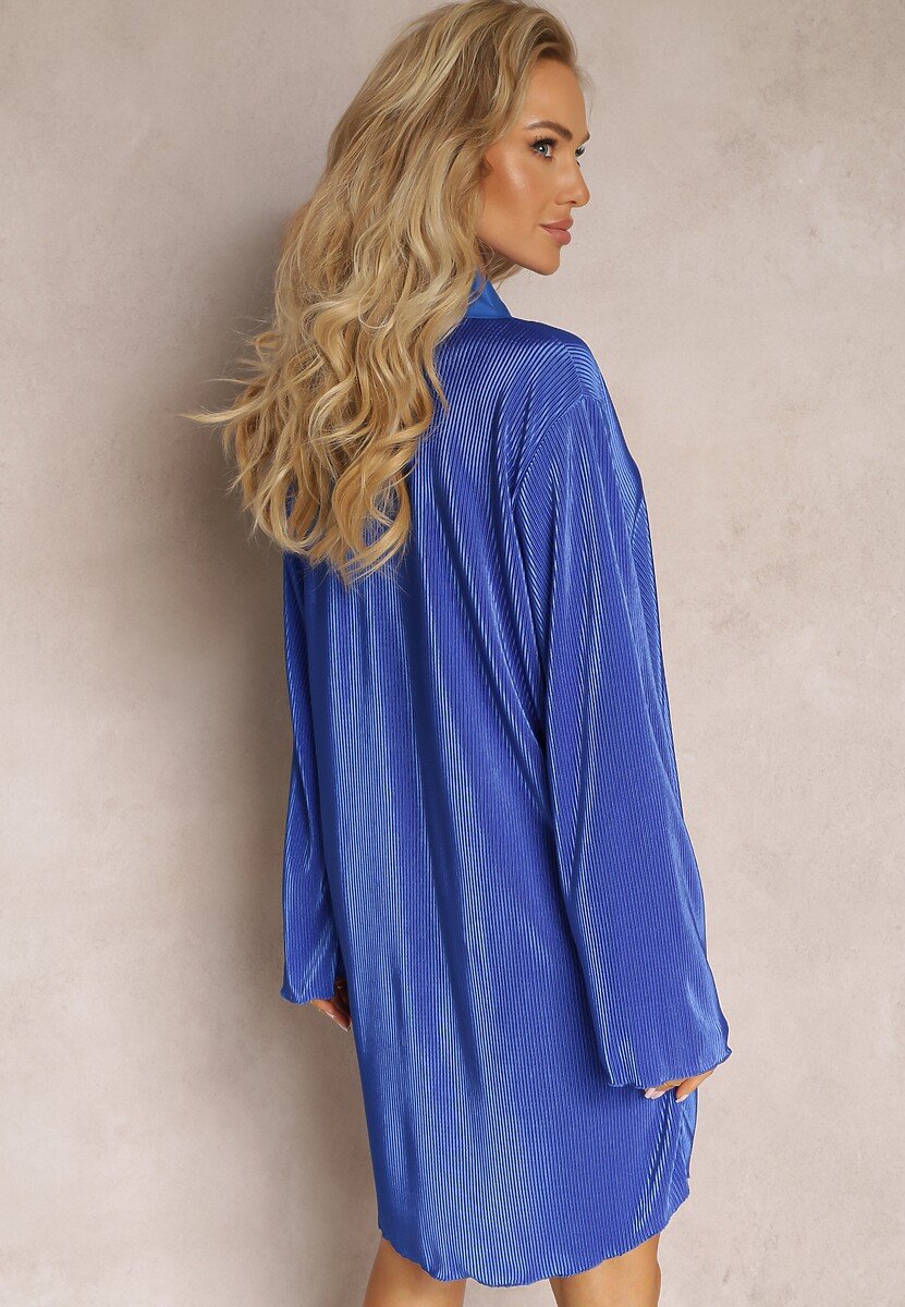 Granatowa Koszulowa Sukienka Mini Udekorowana Plisowaniem Culven