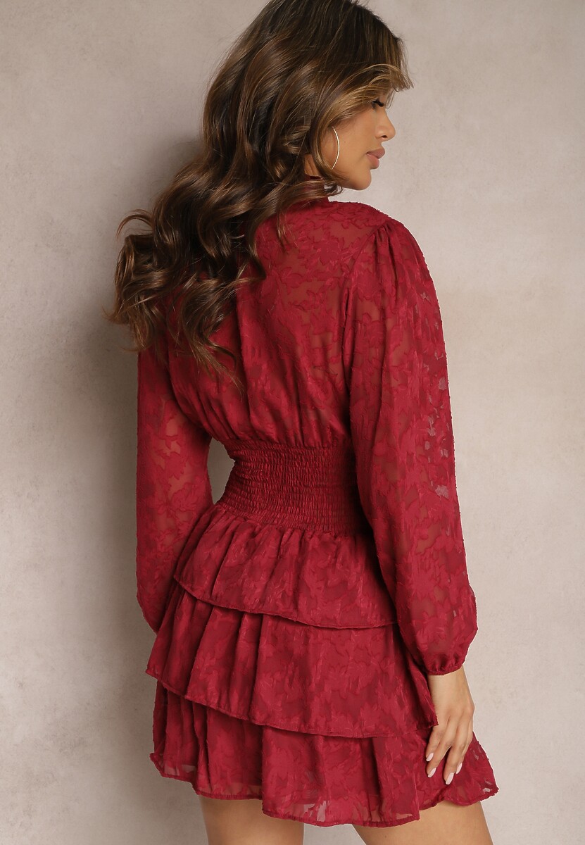 Czerwona Koronkowa Sukienka Taliowana z Falbankami Odrasja