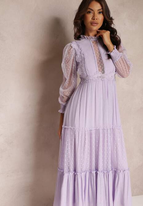 Fioletowa Sukienka z Bufiastym Rękawem Ozdobiona Tiulowymi Wstawkami Laluna
