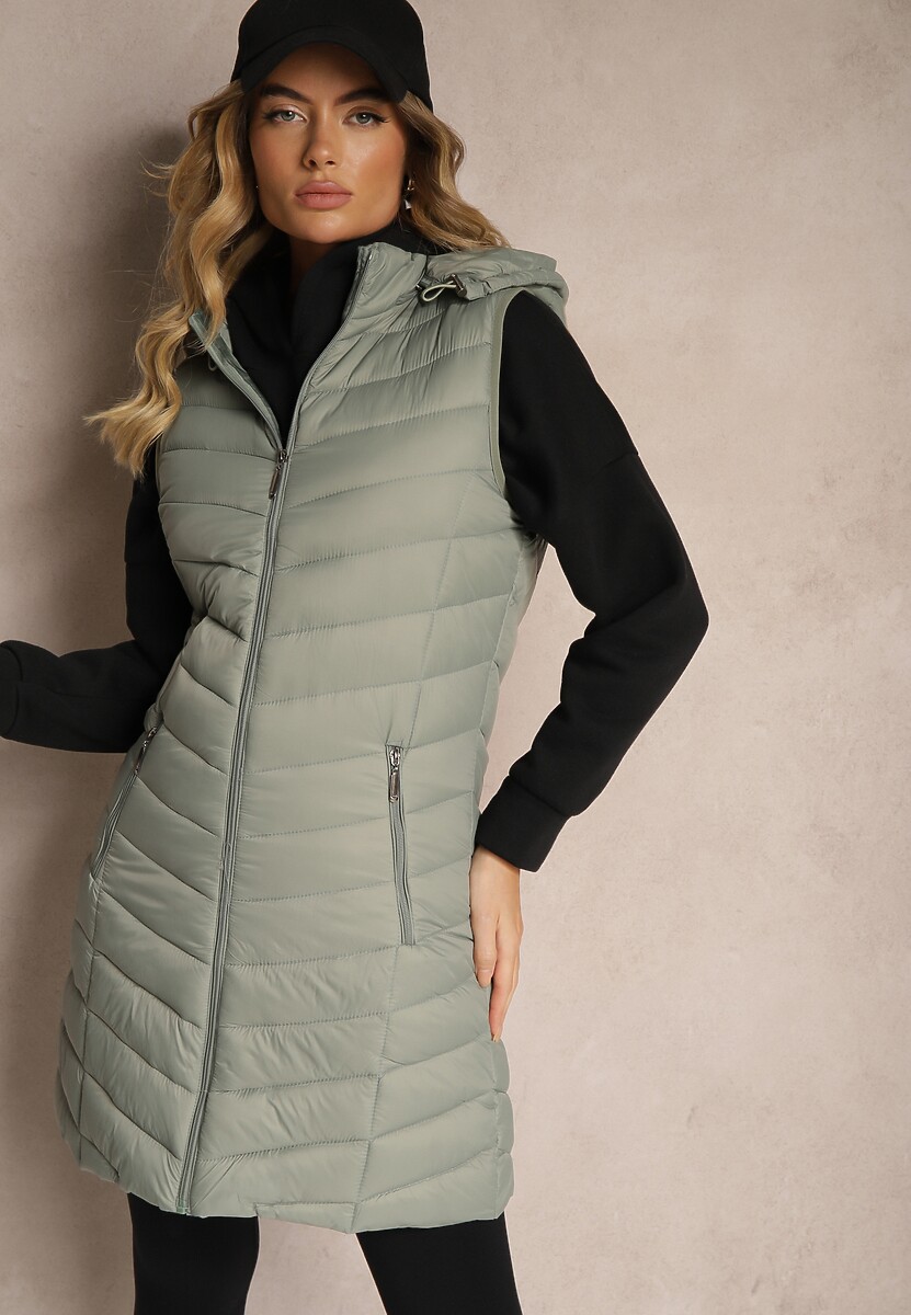 Ciemnobeżowa Kamizelka z z Odpinanym Kapturem Ozdobiona Pikowaniem Ivathira