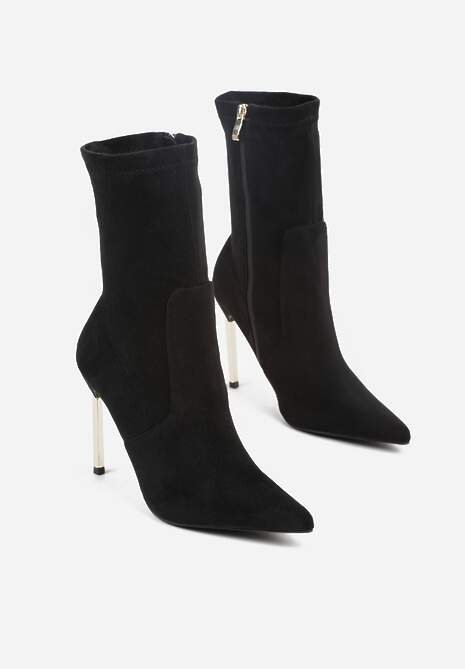 Czarne Botki na Szpilce Ozdobione Metaliczną Wstawką Amiltia