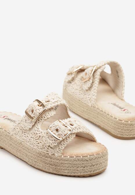 Beżowe Klapki na Podeszwie z Plecionki z Szydełkową Cholewką ze Sprzączkami Fevilene