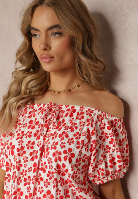 Czerwona Wiskozowa Sukienka Mini Hiszpanka z Gumką w Pasie Bradite