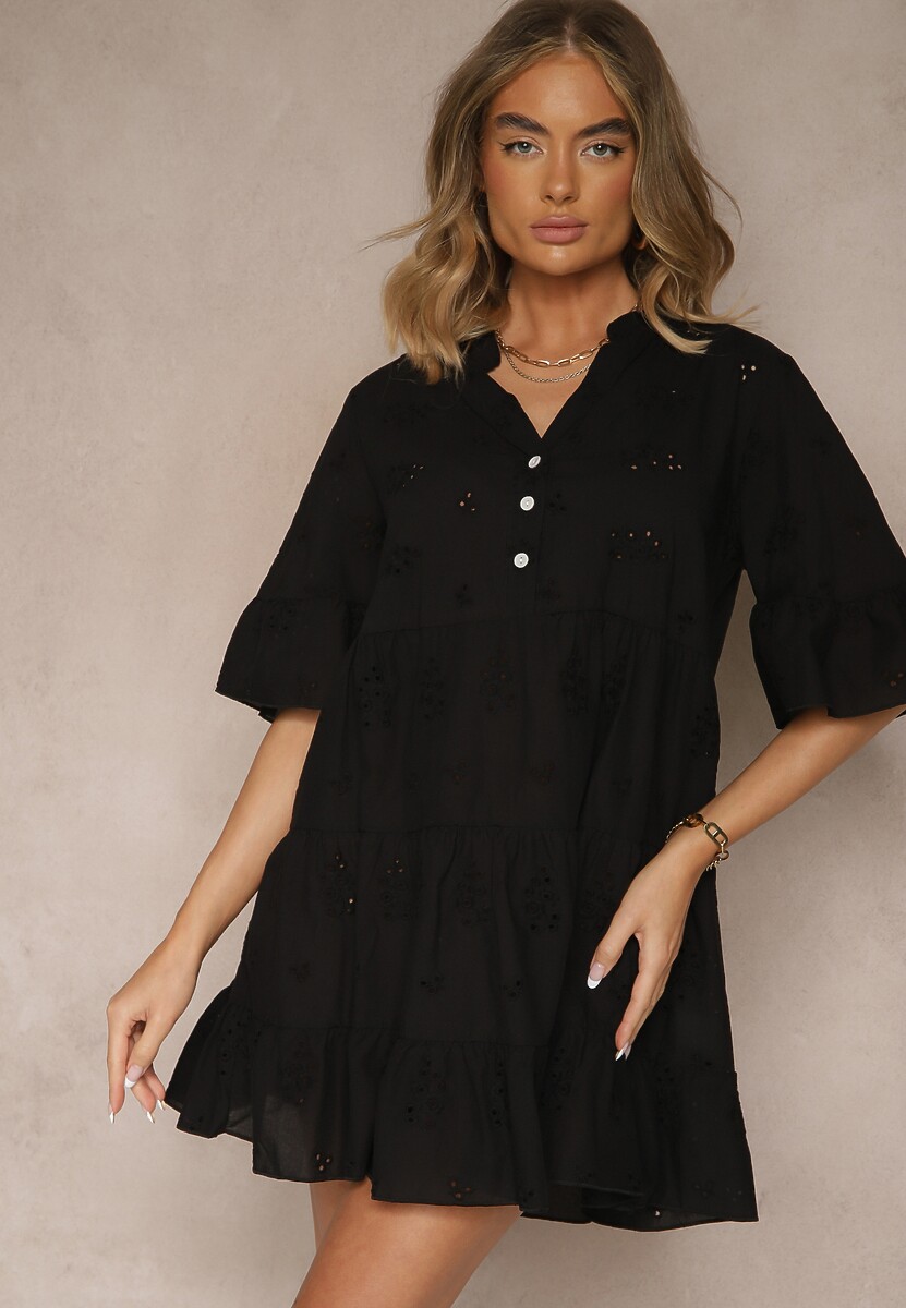 Czarna Rozkloszowana Sukienka Koszulowa z Bawełny Zdobiona Haftem i Falbanami Filarosa