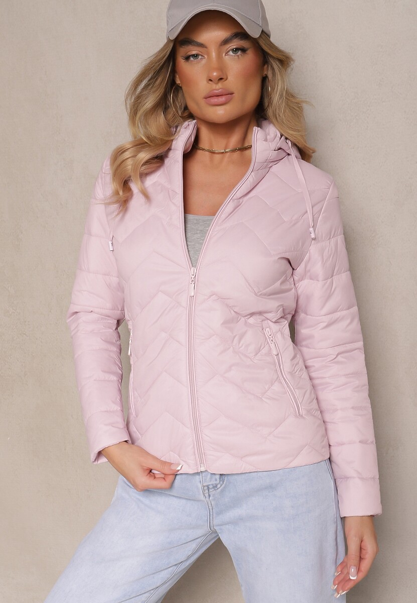 Jasnoróżowa Kurtka Przejściowa z Pikowaniem i Odpinanym Kapturem Leopia