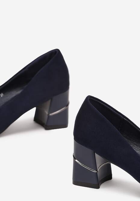 Niebieskie Czółenka z Ekozamszu na Słupku z Metaliczną Lamówką Amolna