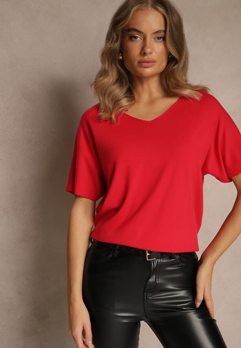 Czerwona Bluzka z Dzianiny z Dekoltem w Serek Fenalise