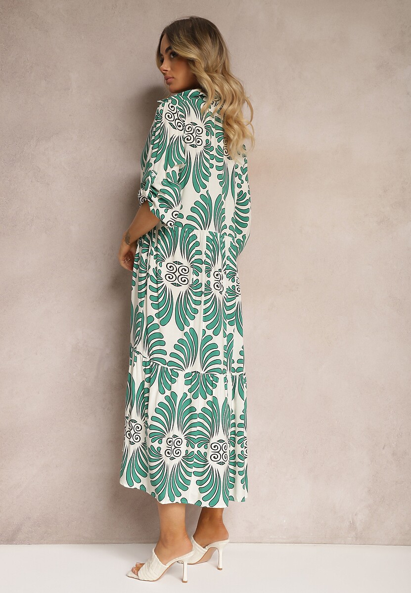 Zielono-Biała Wiskozowa Sukienka Zapinana na Guziki z Regulowanymi Rękawami Biatalia