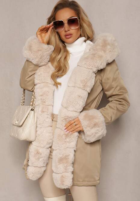 Beżowa Kurtka Parka z Paskiem w Talii i Kapturem z Futerkiem Hizontia