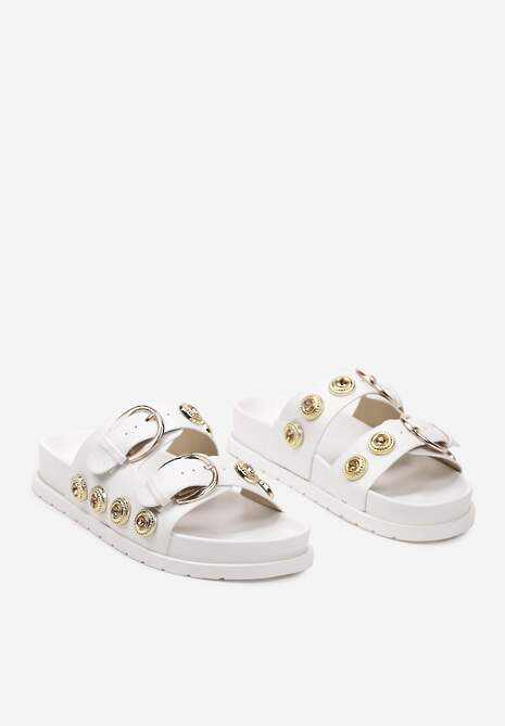 Białe Klapki z Dwiema Sprzączkami Ozdobione Kryształkami Triamara