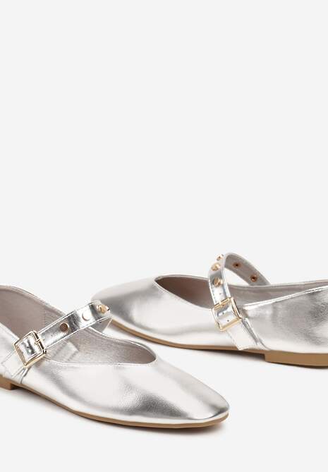 Srebrne Płaskie Balerinki w Stylu Mary Jane z Paskiem na Sprzączkę Zailaene