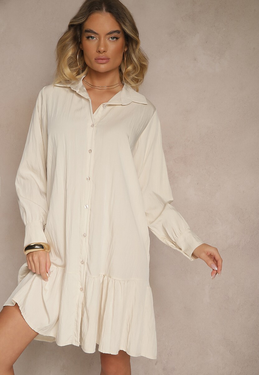 Niebieska Koszulowa Sukienka z Wiskozą Zakończona Falbanką Tirzedi