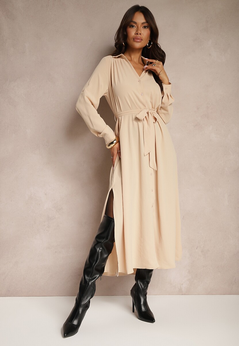 Beżowa Casualowa Sukienka Koszulowa na Guziki z Kieszeniami Jezebel