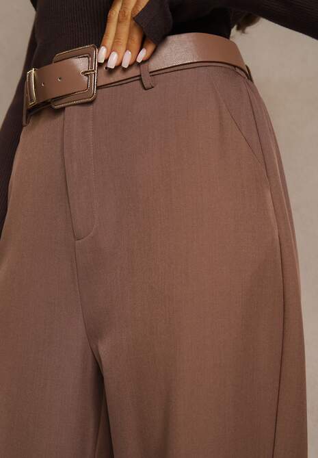 Brązowe Szerokie Spodnie Garniturowe z Wysokim Stanem i Paskiem z Klamrą Fevelira