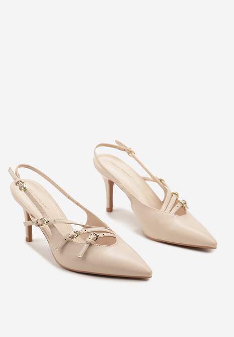 Beżowe Sandały na Cienkiej Szpilce z Imitacji Skóry z Regulowanymi Paskami Vianara