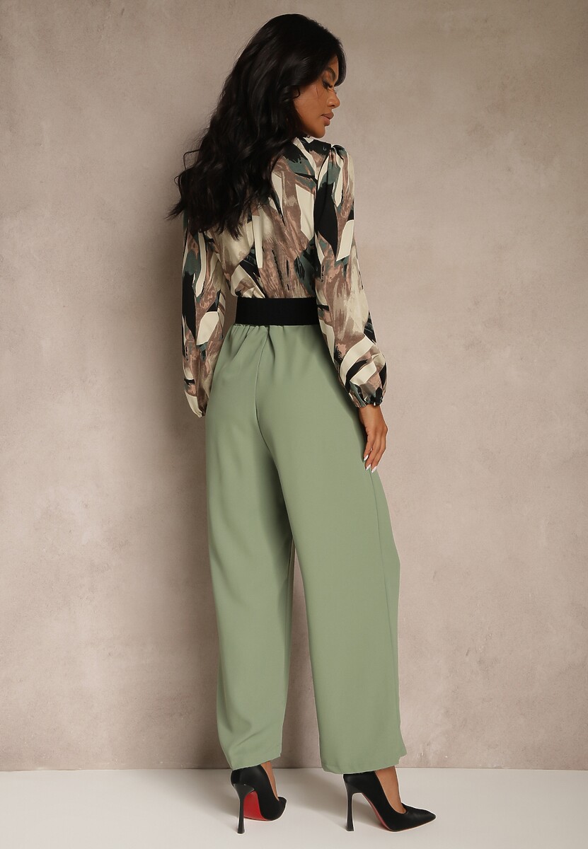 Zielono-Beżowy Kopertowy Kombinezon z Paskiem i Szerokimi Spodniami Nittama