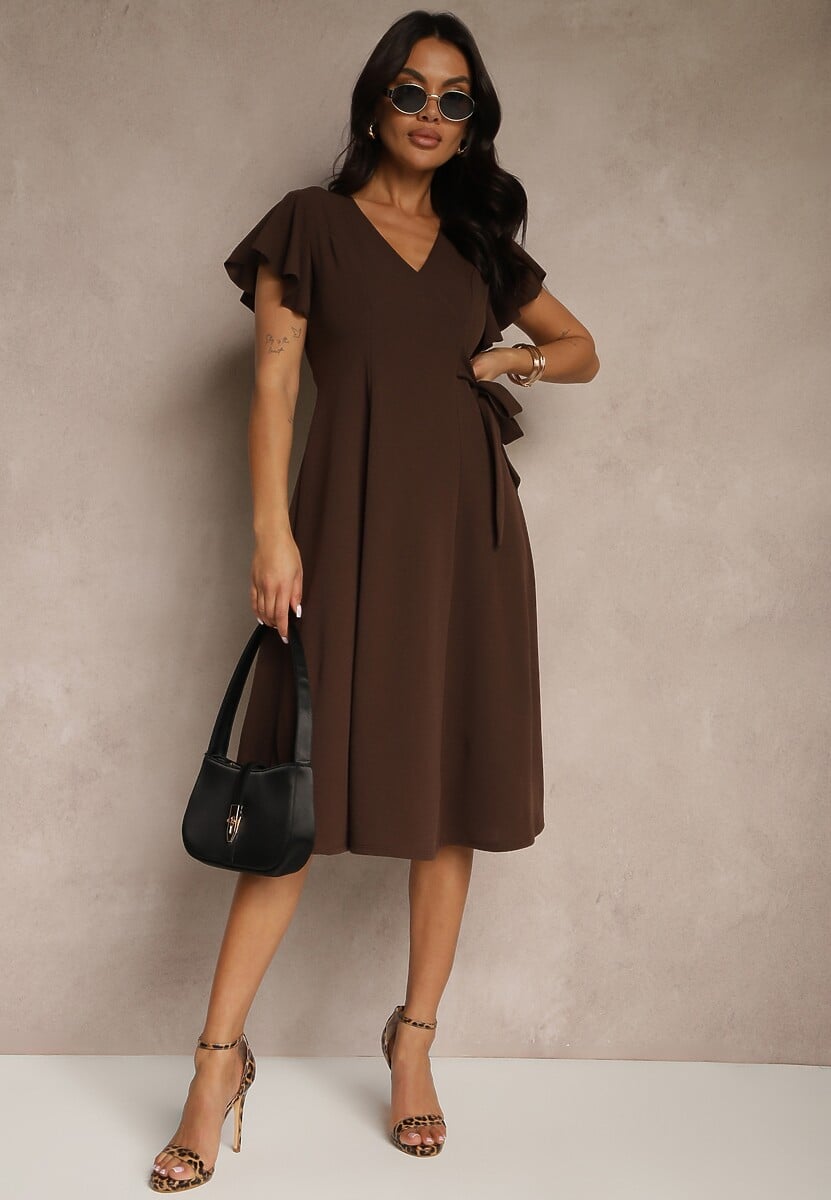Brązowa Kopertowa Sukienka z Rozkloszowanym Dołem i Ozdobnym Wiązaniem Dannola