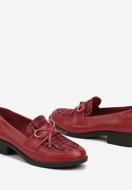 Bordowe Mokasyny na Płaskiej Podeszwie z Tweedowym Noskiem z Metaliczną Nicią i Kokardką Virorae