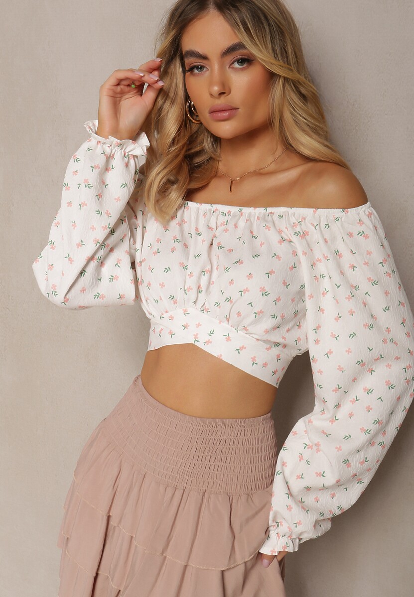 Biało-Różowa Bluzka w Kwiatowy Print z Wiązaniem pod Biustem Dequoia