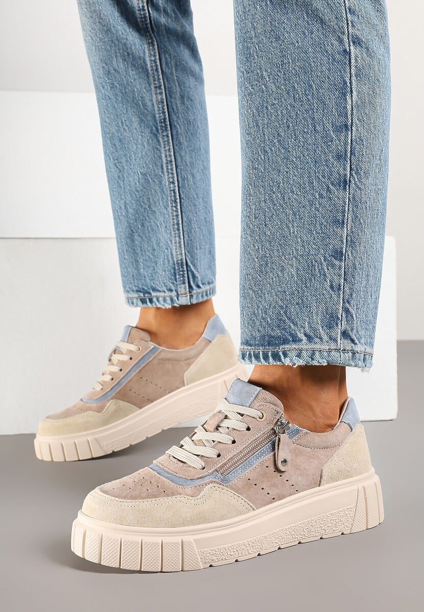 Ciemnobeżowe Sneakersy ze Skóry Naturalnej z Ozdobnym Suwakiem Tilliraya