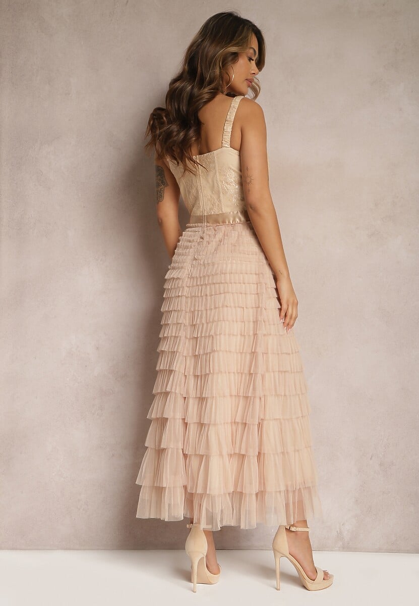 Beżowa Maxi Sukienka Rozkloszowana Sukienka na Ramiączkach z Gorsetową Górą Ocartia