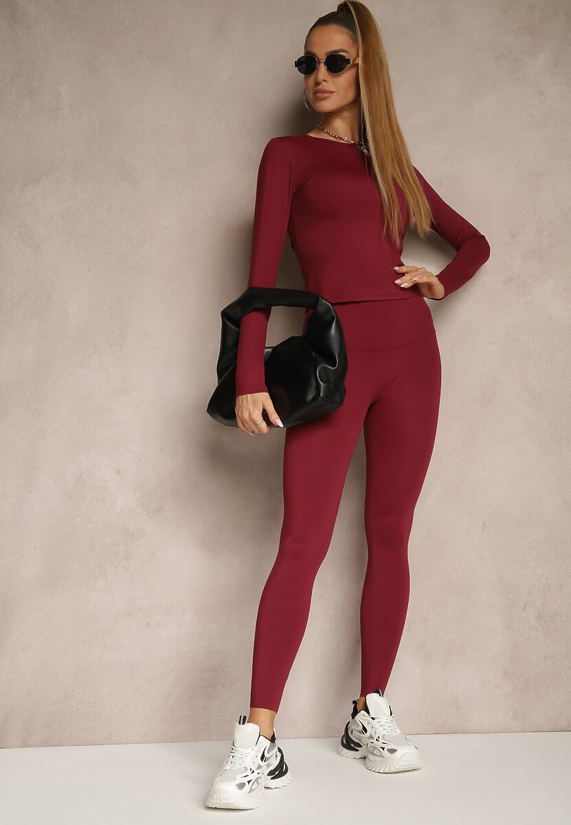 Bordowy Komplet Sportowy Legginsy i Top Typu Longsleeve Dorotia