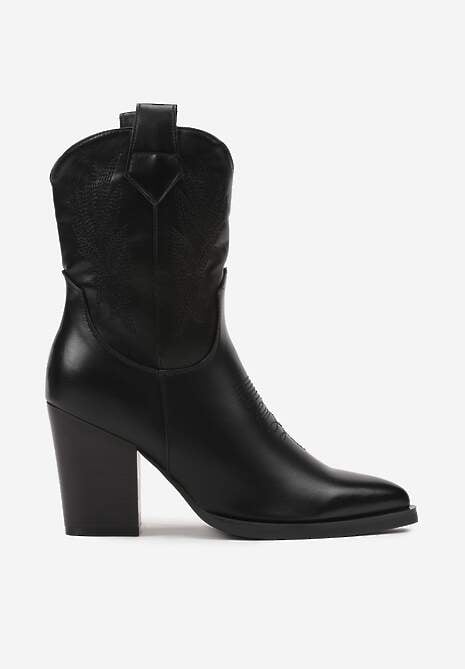 Czarne Botki na Słupku w Stylu Kowbojek Ozdobione Haftem Merisetta